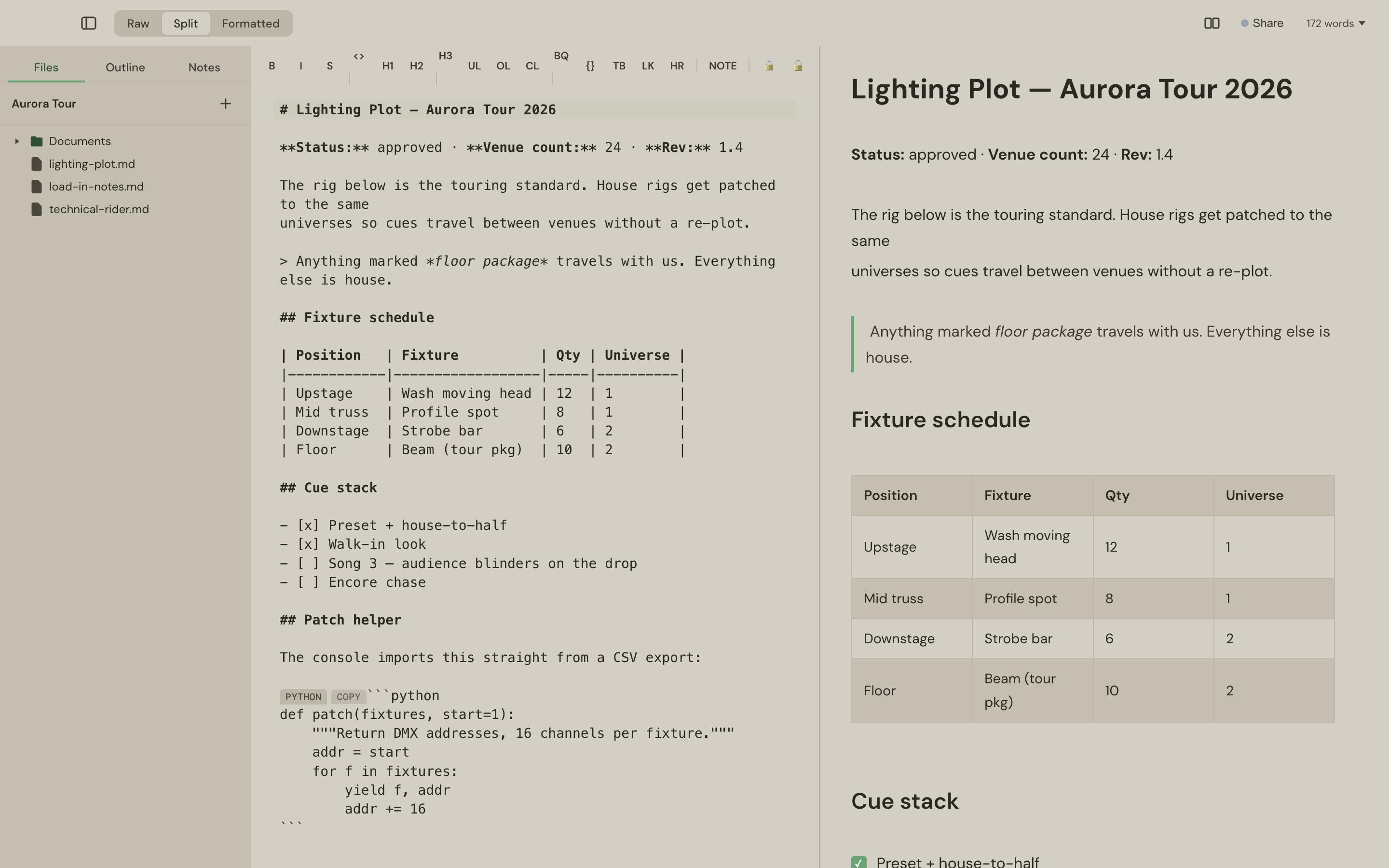 Slab Pad's split view: raw Markdown beside the live preview