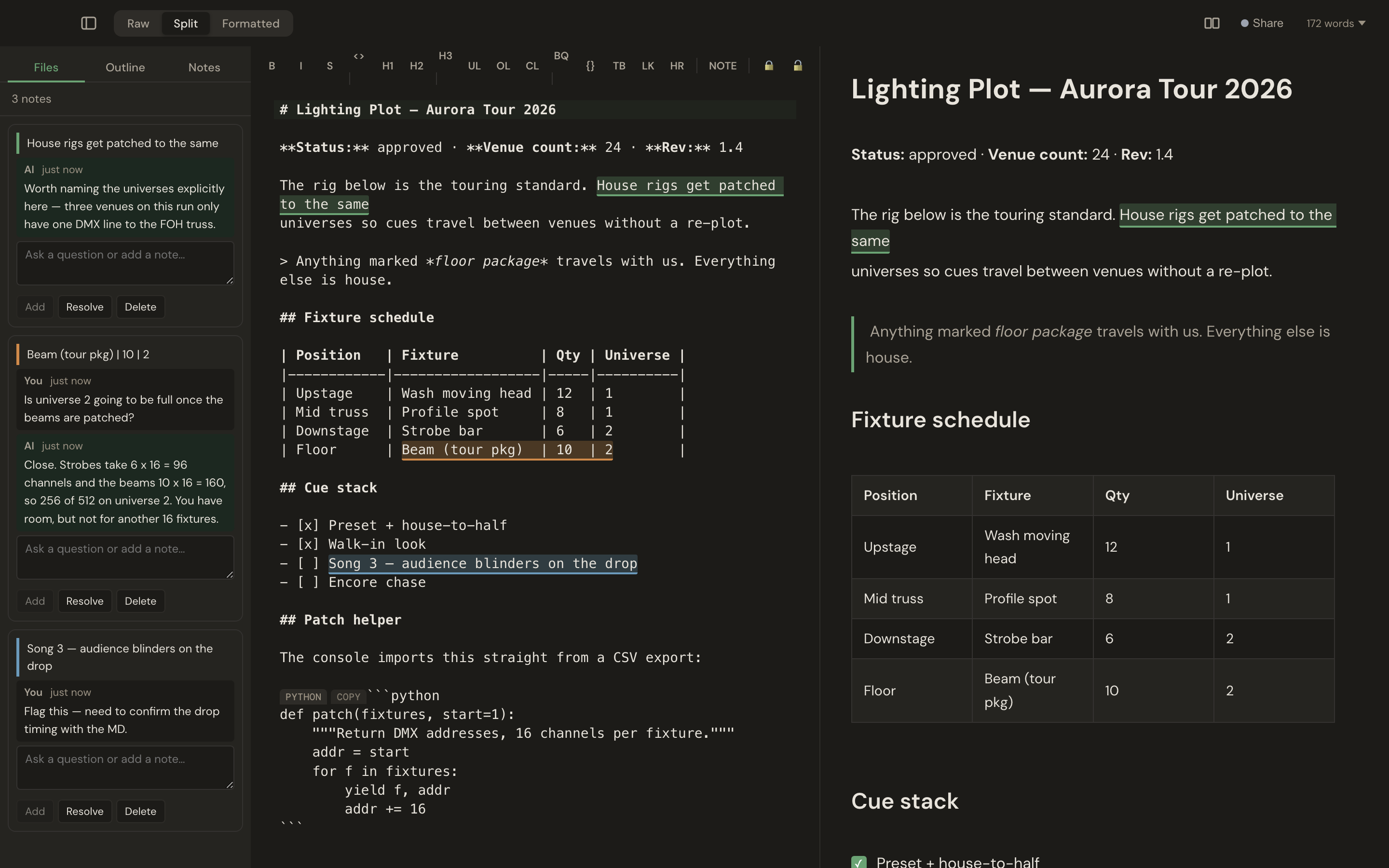 Slab Pad in dark theme with highlights and threaded notes