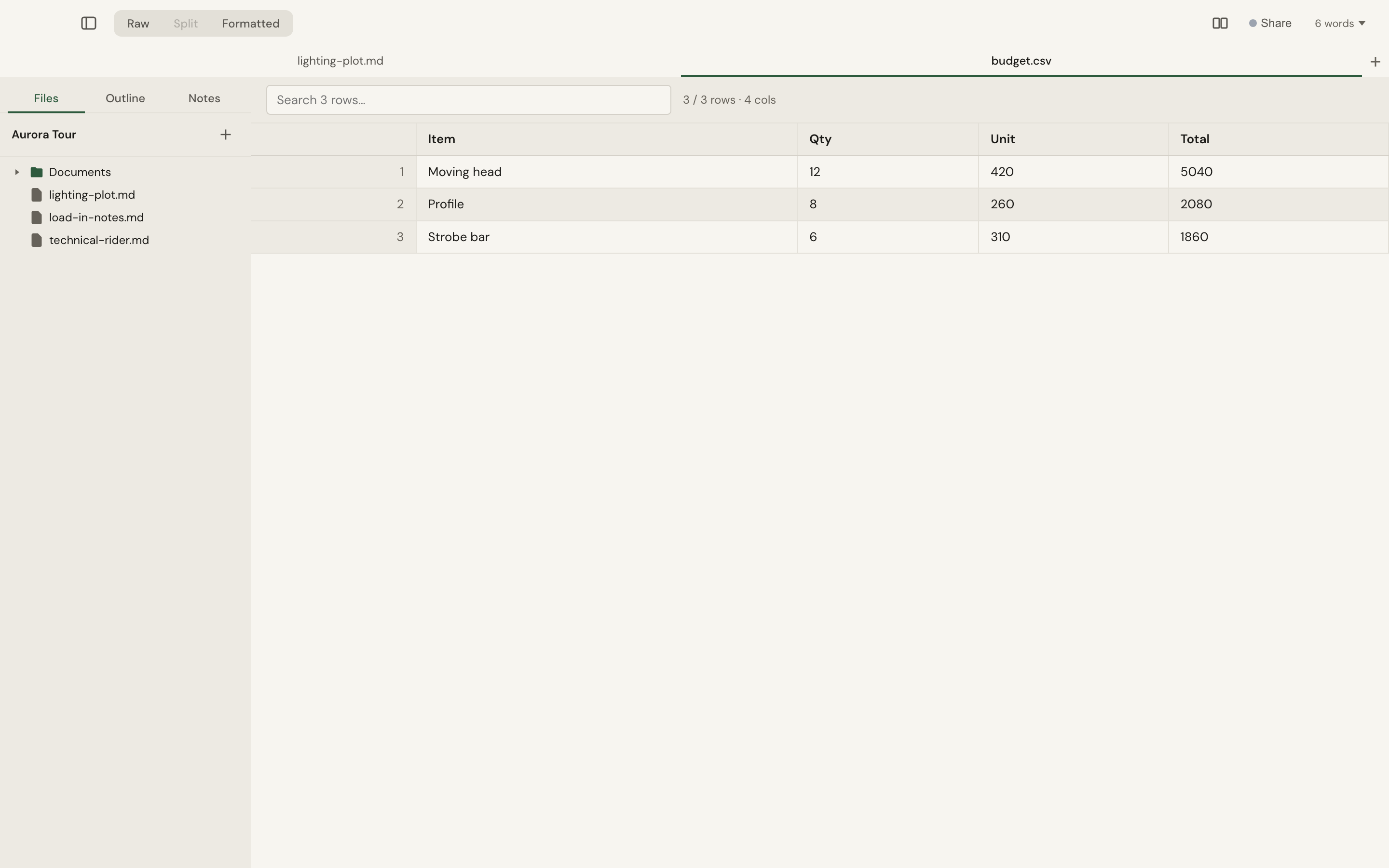 A CSV file rendered as a searchable table in Slab Pad's light theme